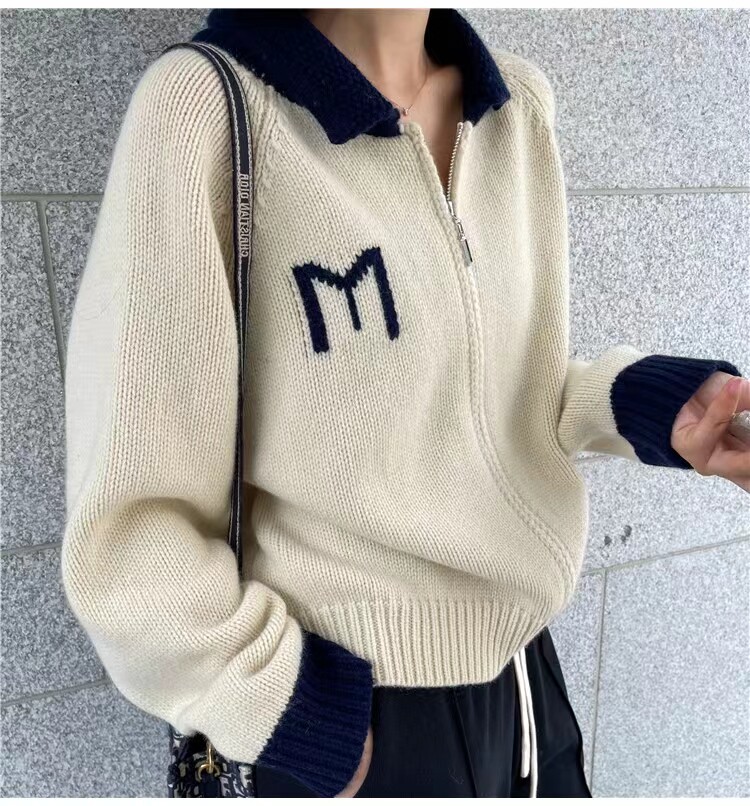 秋冬新款百搭简约时尚POLO领拉链针织开衫,女装羊毛衫,悦玛羊绒