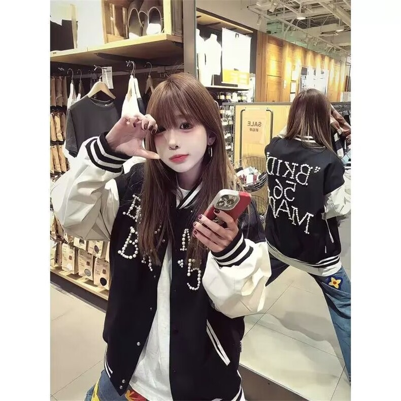美式复古棒球服外套女春秋新款珍珠钉珠宽松百搭潮牌夹克XJK8021,男装夹克,星座208-5