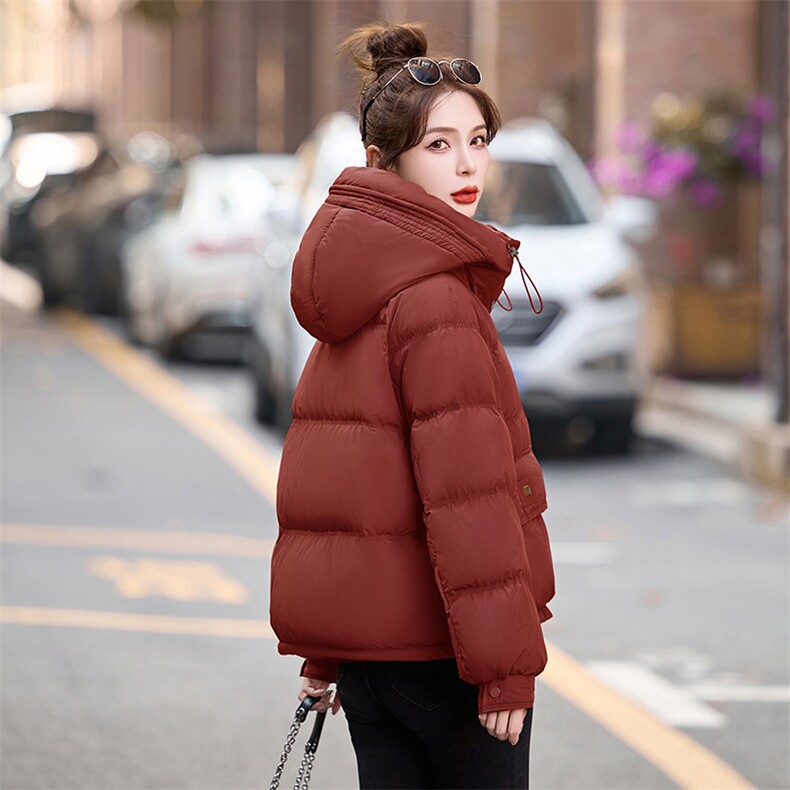 咖色连帽短款羽绒服女2024新款冬季爆款时尚保暖白鸭绒面包服外套,女装羽绒服,琦鑫阁（原依鑫阁）