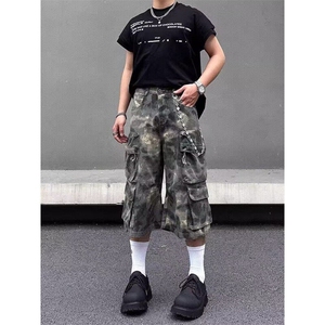 复古重工迷彩工装裤女夏季新款口袋宽松直筒阔腿裤子KH238