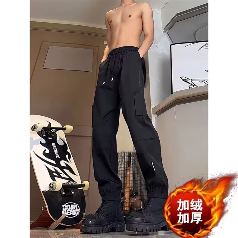 G23-加绒P43黑色工装裤男秋冬季2025新款休闲运动裤子阔腿直筒,男装工装外套,电商B323A