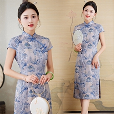 宋锦真丝旗袍2025新款大牌奢华粉色提花连衣裙复古日常减龄国风，女装汉服/婚纱/旗袍/礼服，媚琳依坊