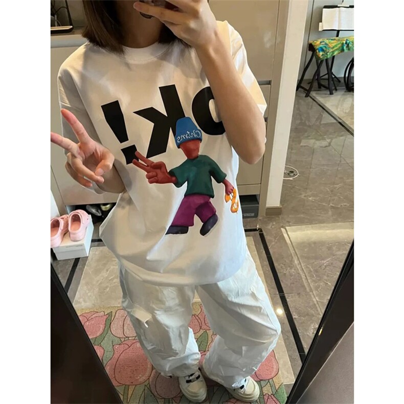 网图有货 美式设计感卡通人物比耶印花纯棉短袖T恤男女 A585-P25图片