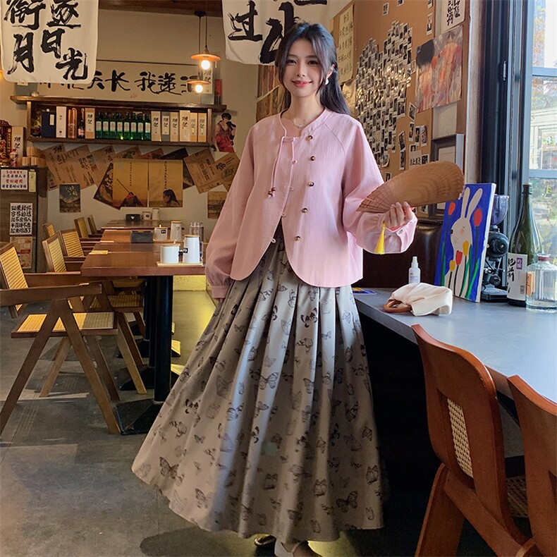 新中式国风粉色套装裙女秋季新款轻熟气质高级感穿搭半身裙两件套,女装套装/套裙,2D080