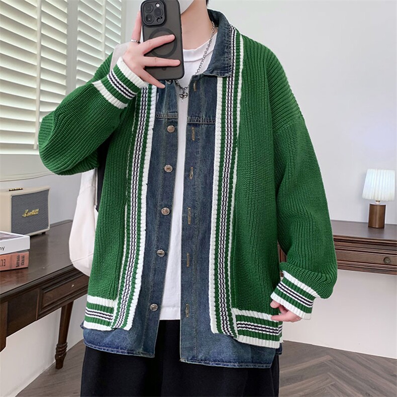 【抖音得物】2025年秋季时尚毛衣针织开衫翻领假两件长袖，男装针织衫/毛衣，电商A113