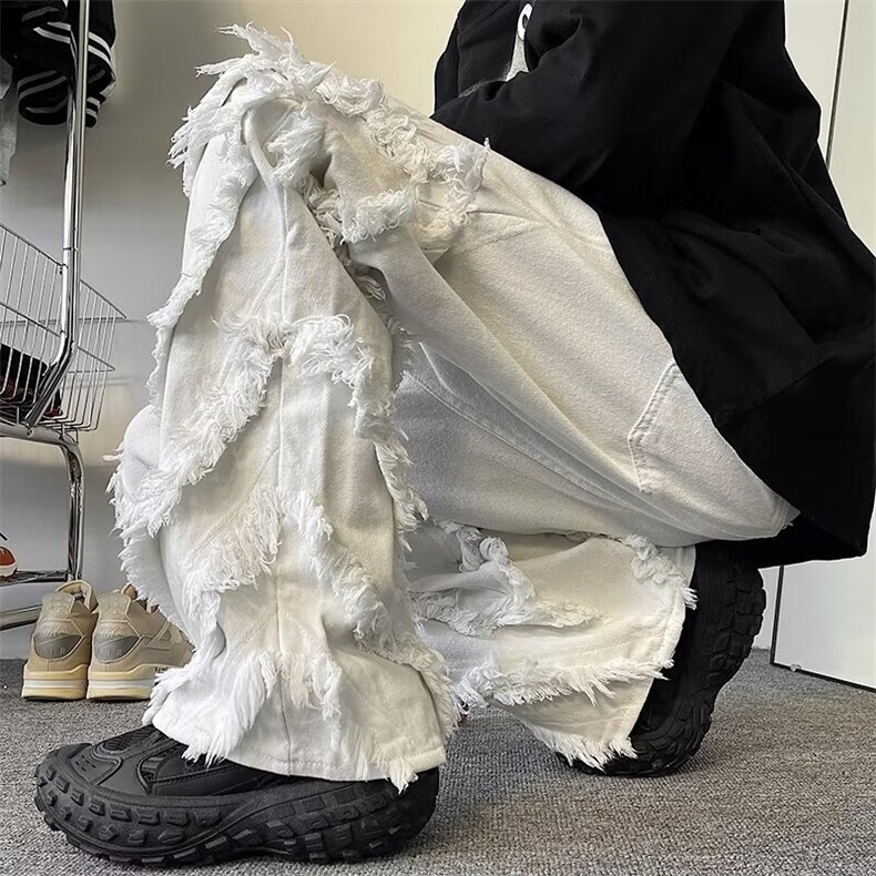 春夏男士裤子白色个性美式复古流苏设计感重磅牛仔长裤,男装休闲裤,星座1013