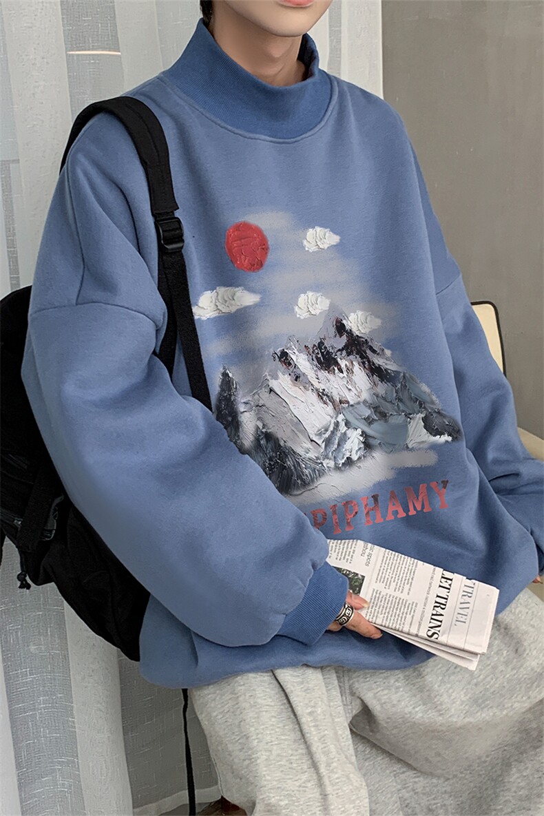 加绒加厚高领卫衣油画印花落肩袖情侣款打底衫男XZ514-2-G83-P48,男装T恤,星座514-2(原B239)
