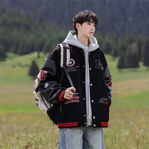 美式高街字母贴布刺绣棒球服男春秋潮牌hiphop设计感痞帅撞色夹克图片