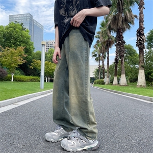 夏季破洞做旧牛仔裤男美式复古宽松直筒高街痞帅阔腿裤N06043-P42图片
