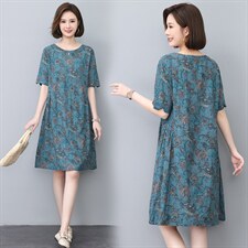 香港新品民族风印花棉质短袖连衣裙女中长宽松遮肚子显瘦，女装连衣裙，涵誉