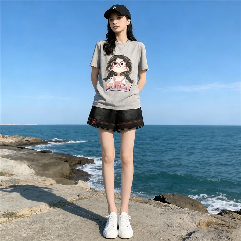 学院风网红运动套装女夏新款圆领卡通印花短袖阔腿牛仔短裤两件套,女装套装/套裙,江南