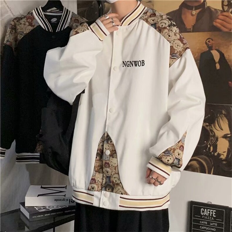 小熊印花拼接外套男高街潮宽松休闲情侣棒球服夹克上衣 W1631-P52图片