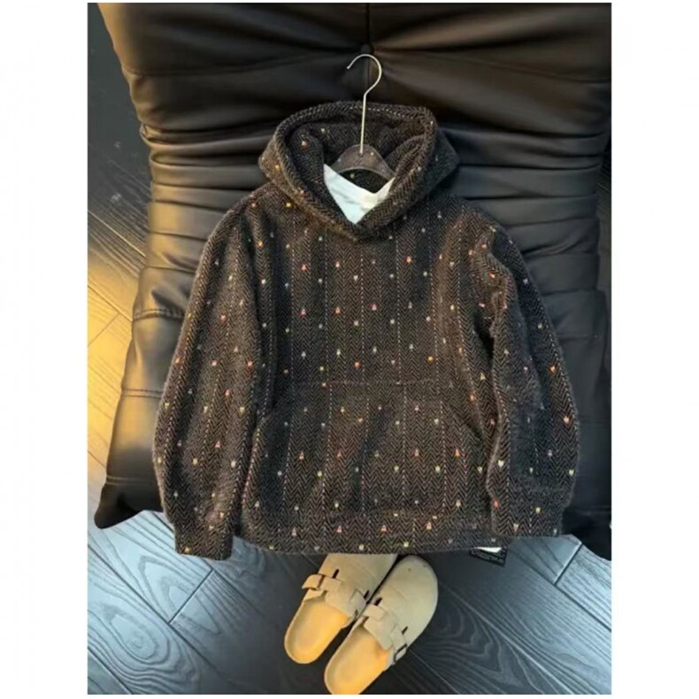 网图卫衣男春秋绒面七彩格子慵懒风美式连帽外套A157-1-W6606-P65，女装短外套，电商A157-1