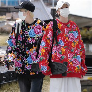 B203秋冬套头圆领东北大花风民族特色加绒保暖卫衣小衫男女潮图片