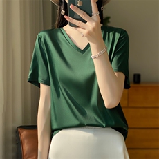 缎面短袖上衣女夏2024新款潮宽松时尚气质纯色衬衫，女装衬衫，绒宛羊绒