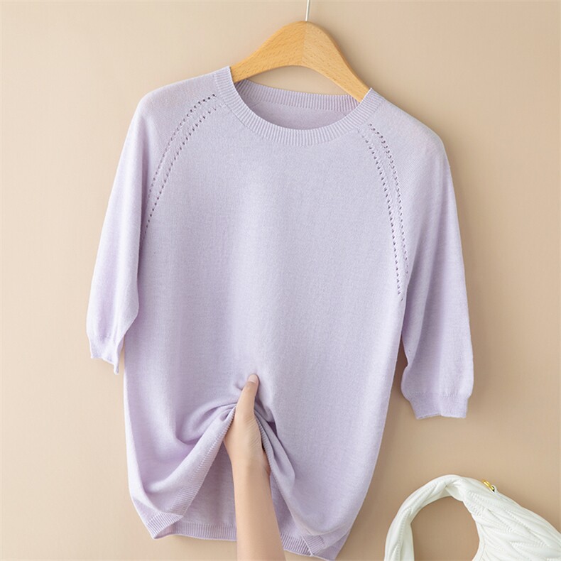 一线成衣无缝桑蚕丝羊绒圆领针织短袖T恤打底衫女宽松显瘦薄毛衣，女装T恤，众美斯特