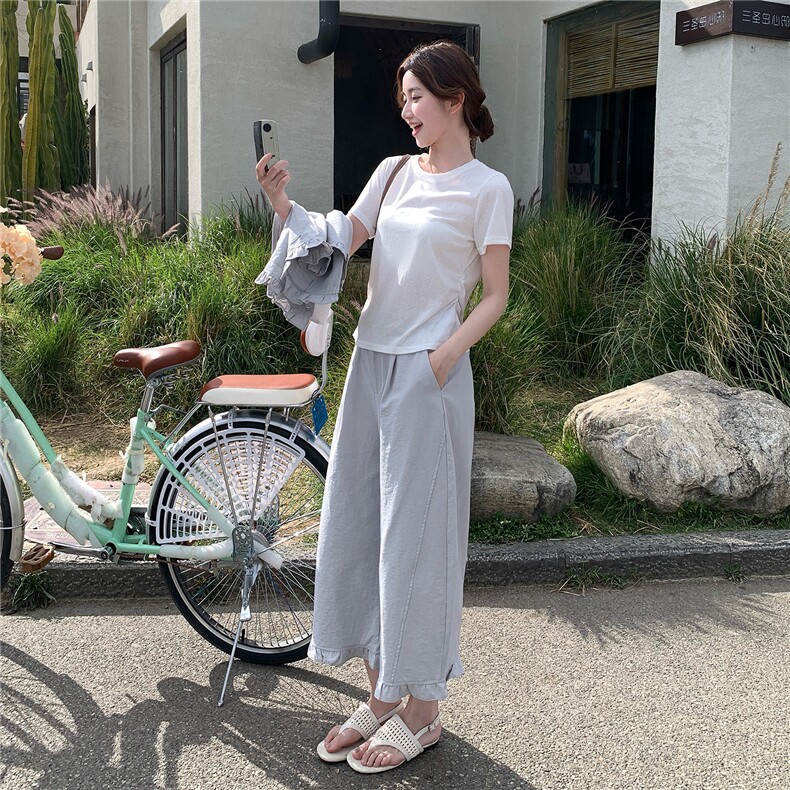 韩版现货休闲时尚设计感下摆木耳边套装套裤女潮182-8699P155K228,女装套装/套裙,帛香坊