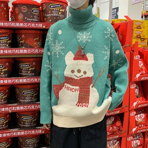 秋冬季卡通小雪人圣诞情侣毛衣男高领打底衫宽松针织衫男M484-P45图片