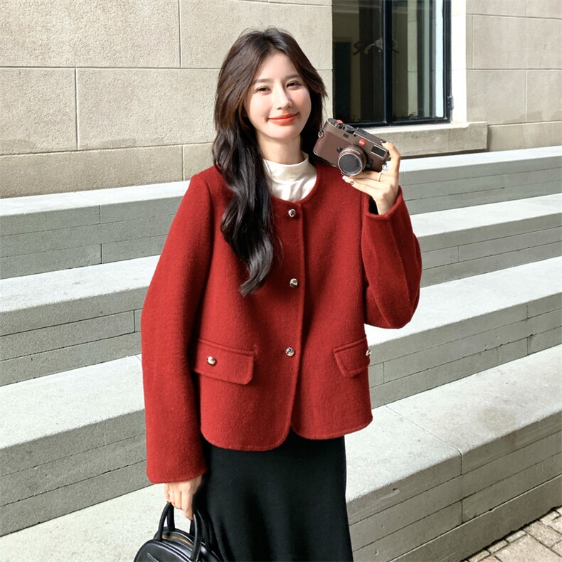 高端气质双面羊毛外套女冬季红色复古显瘦气质圆领短款毛呢上衣潮,女装毛呢外套,2C273