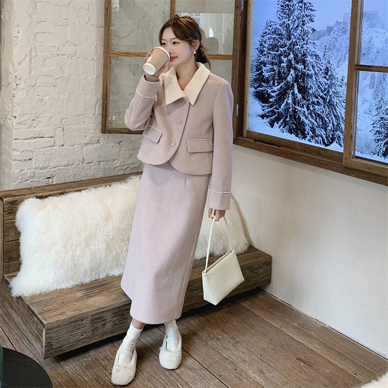 粉紫色毛呢裙女秋冬2025新款小香风高级感流行半身裙,女装毛呢外套,浙宝193A