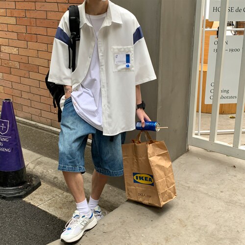 【2025春夏】拼接CITYBOY风中性休闲夏季宽松五分袖男短袖衬衫,男装T恤,星座112A