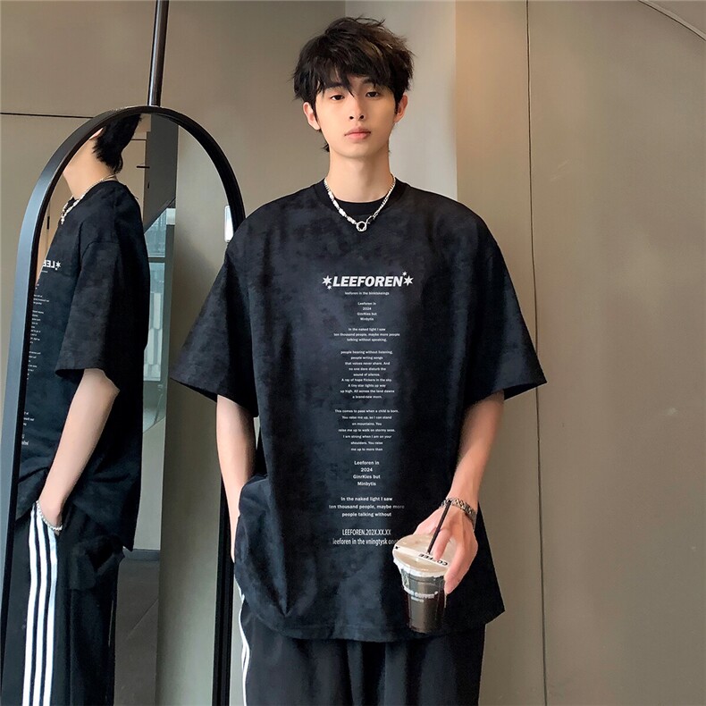 夏季宽松透气舒适高级街头韩版潮男五分袖美式设计感T恤T33-P25，男装T恤，电商C307