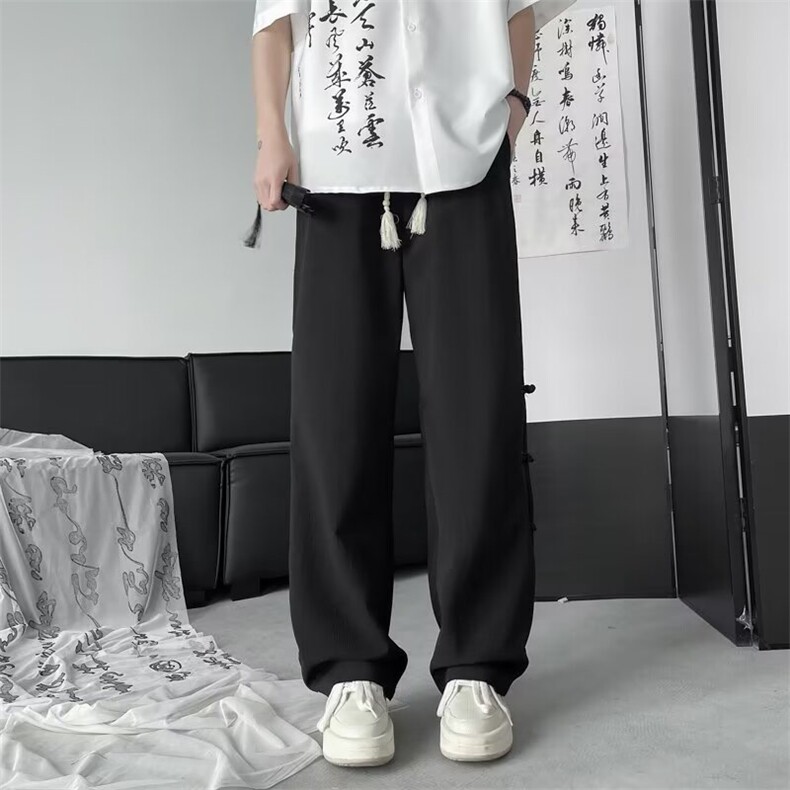 风盘扣褶皱裤子男装夏季新中式垂感宽松直筒休闲裤阔腿K5501,男装休闲裤,星座1116A-1（原606A）