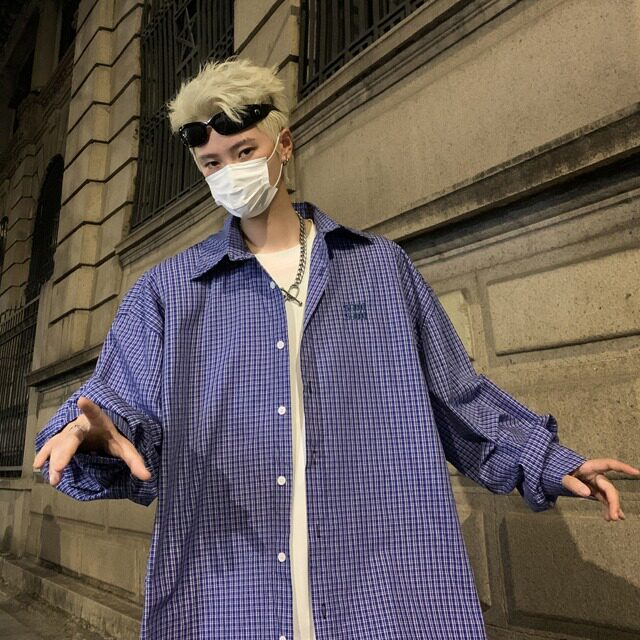 蓝色格子长袖衬衫男女式复古高级感格子长男装衬衫 CS370-P38有货图片