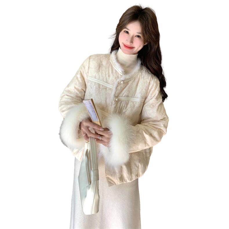 新中式风毛毛拼接设计羽绒服女2026冬季新款宽松白鸭绒保暖外套,女装羽绒服,2C218