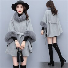 芷墨新款时尚洋气斗篷外套简约系带大毛领加厚毛呢外套女，女装针织衫/毛衣，芷墨服饰