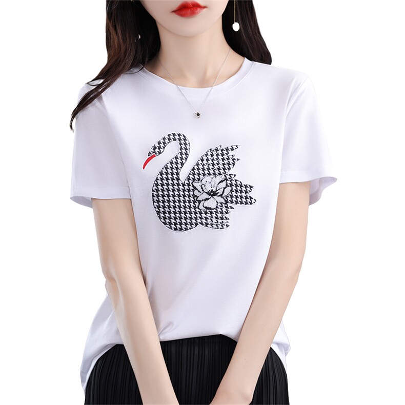 T恤女短袖圆领刺绣丝光棉宽松2025春新款上衣设计感减龄纯棉半袖,女装T恤,暖烁羊绒