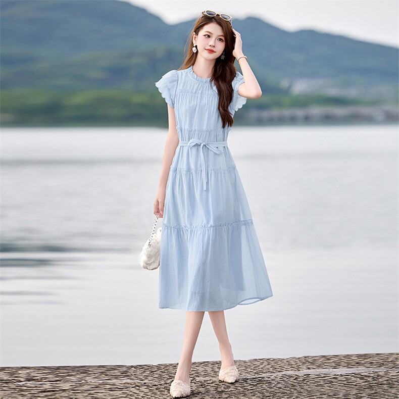 现货新款女2025夏季新款木耳边小飞袖清凉休闲宽松连衣裙送腰带,女装连衣裙,美静678
