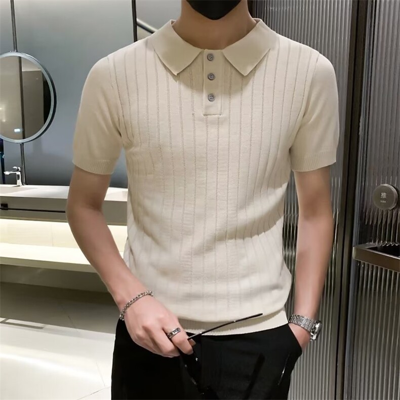 夏季复古男装净色宽松翻领针织衫男休闲提花竖纹短袖Polo衫M819,男装针织衫/毛衣,星座1116A-2（原606A-1）