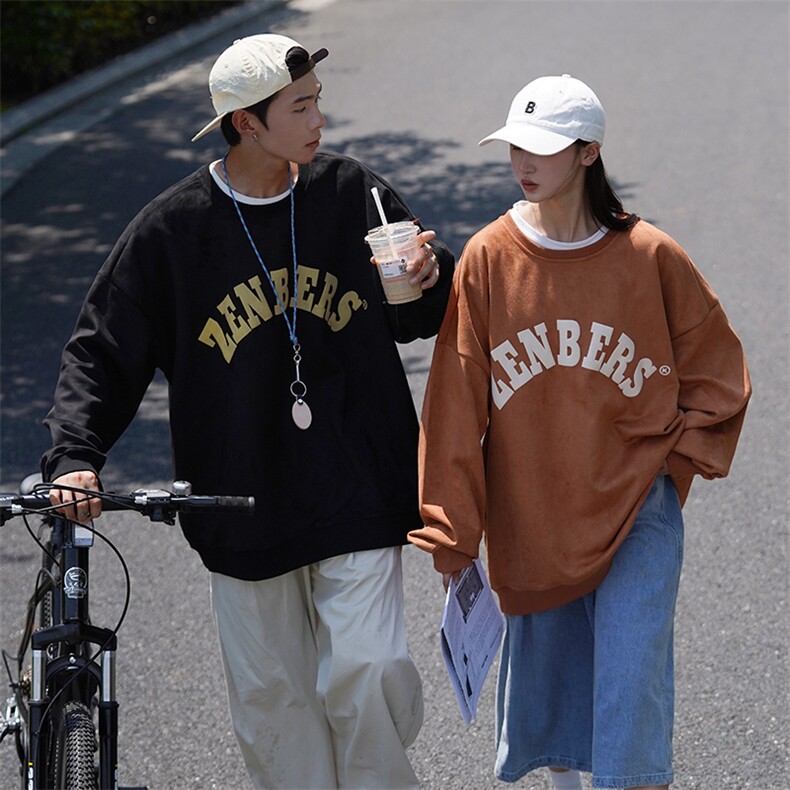 EQ121 麂皮绒卫衣男2024秋装新款情侣装字母发泡印花长袖外套 P58图片
