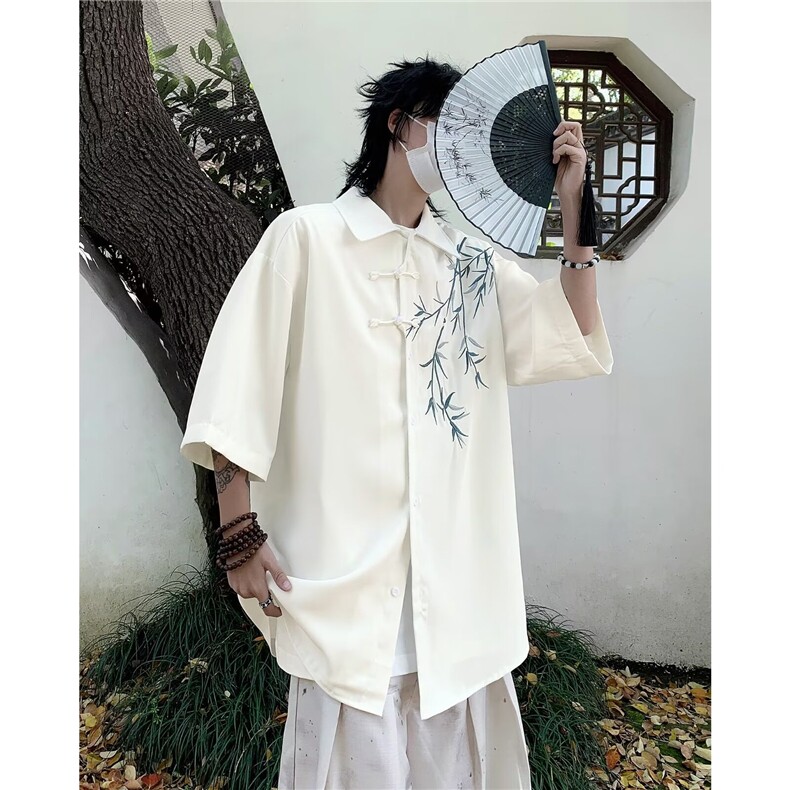 新中式风竹子刺绣短袖衬衫男夏季休闲唐装外套痞帅高级感衬衣服,男装衬衫,星座1013