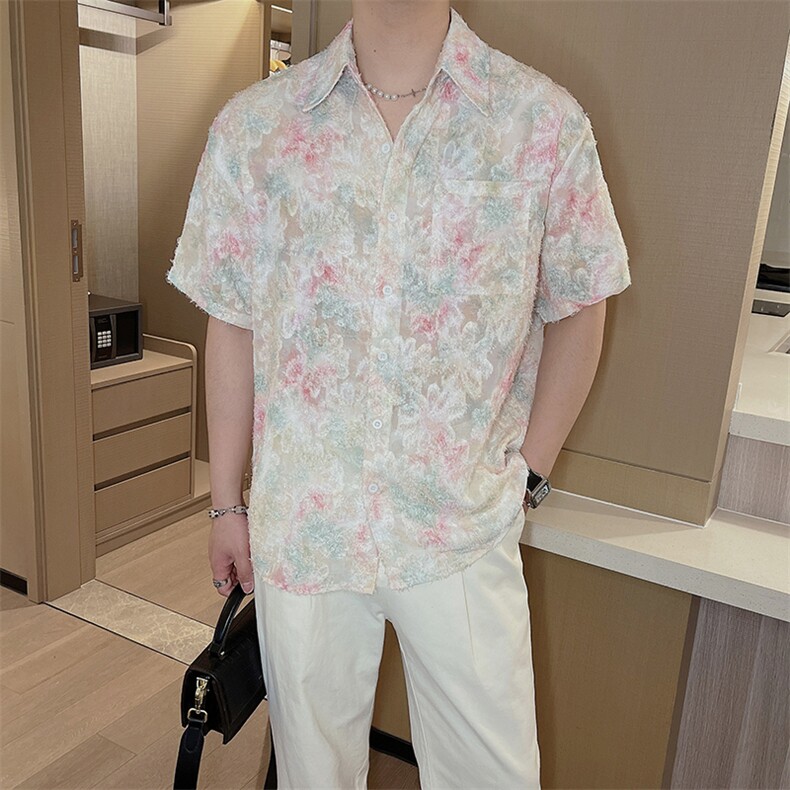 夏季韩版小众设计感男士流苏碎花衬衫短袖潮流薄款宽松0252-P55,男装T恤,电商B267