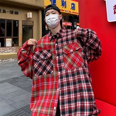 美式潮高街撞色拼接口袋格子长袖衬衫男女宽松潮牌衬衣外，男装衬衫，星座410-7