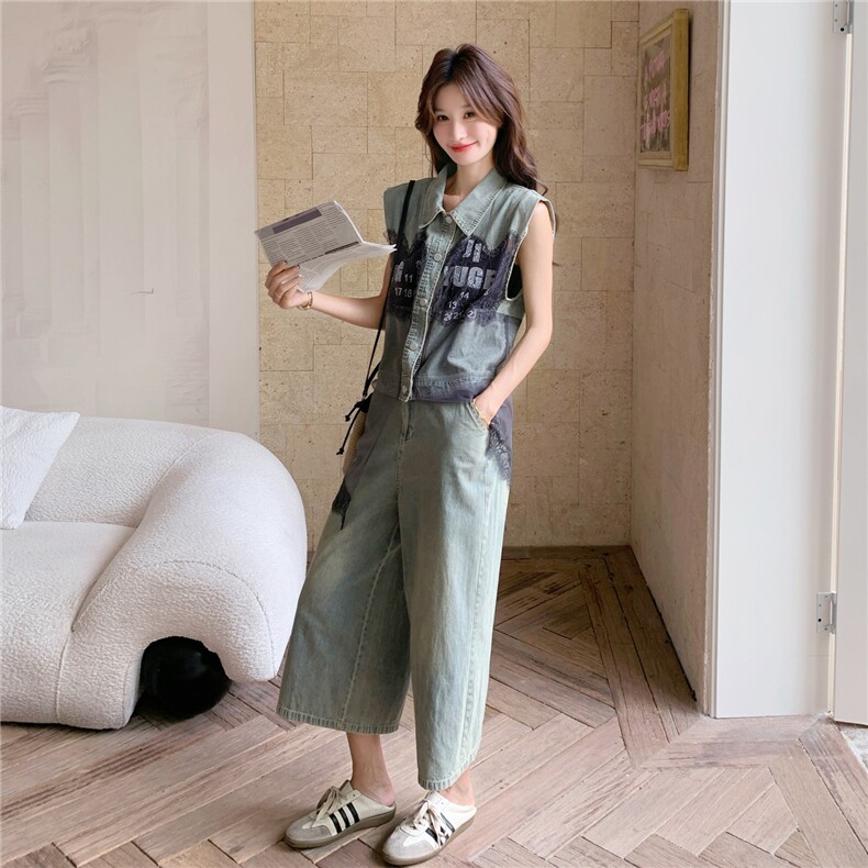 蕾丝网纱拼接牛仔阔腿裤套装女夏ootd流行巨好看小众不撞款两件套,女装套装/套裙,2C135