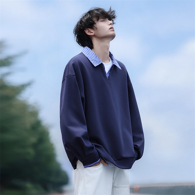 Y502-P45港风纯色翻领卫衣男落肩打底衫潮流百搭上衣外,男装T恤,星座1204