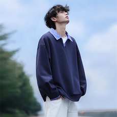 Y502-P45港风纯色翻领卫衣男落肩打底衫潮流百搭上衣外，男装T恤，星座1204