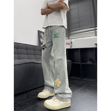 B221美式ins高街暗黑毛巾绣宽松直筒牛仔裤LK25497-特P45控89，男装牛仔裤，电商B221