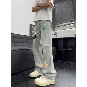 B221 美式ins高街暗黑毛巾绣宽松直筒牛仔裤 LK25497-特P45控89图片