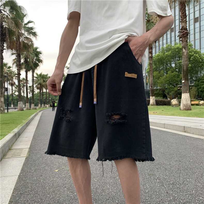 美式破洞牛仔短裤男夏季ins宽松直筒五分裤潮牌毛边中裤D9122-p30图片