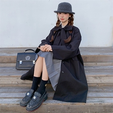 黑色蝴蝶结系带风衣外套女2025春秋季新款韩系学院风减龄流行大衣，女装风衣，2C016