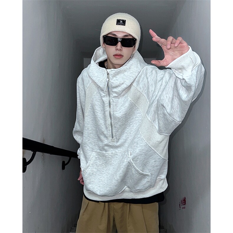 抖音得物二开美式重磅宽松结构拉链设计防风高领连帽卫衣外套W76，男装卫衣，电商A486