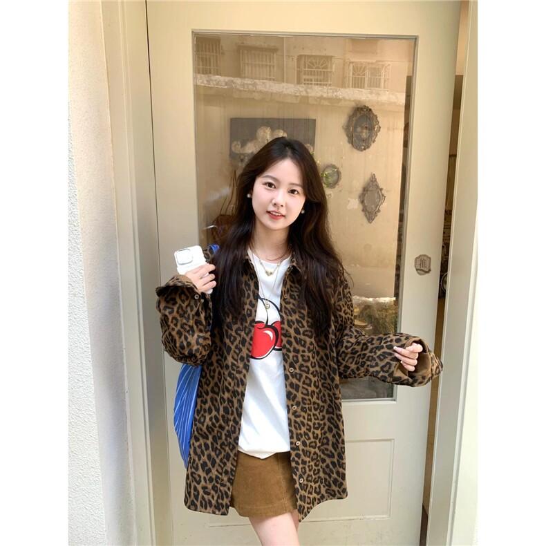 MZVZ美式豹纹牛仔外套女秋冬季设计感小众宽松慵懒风长袖衬衫上衣,男装衬衫,星座506A