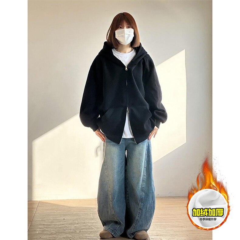 480G重磅加绒硬挺boxy男女秋冬美式高街结构双拉链开衫卫衣厚外套图片