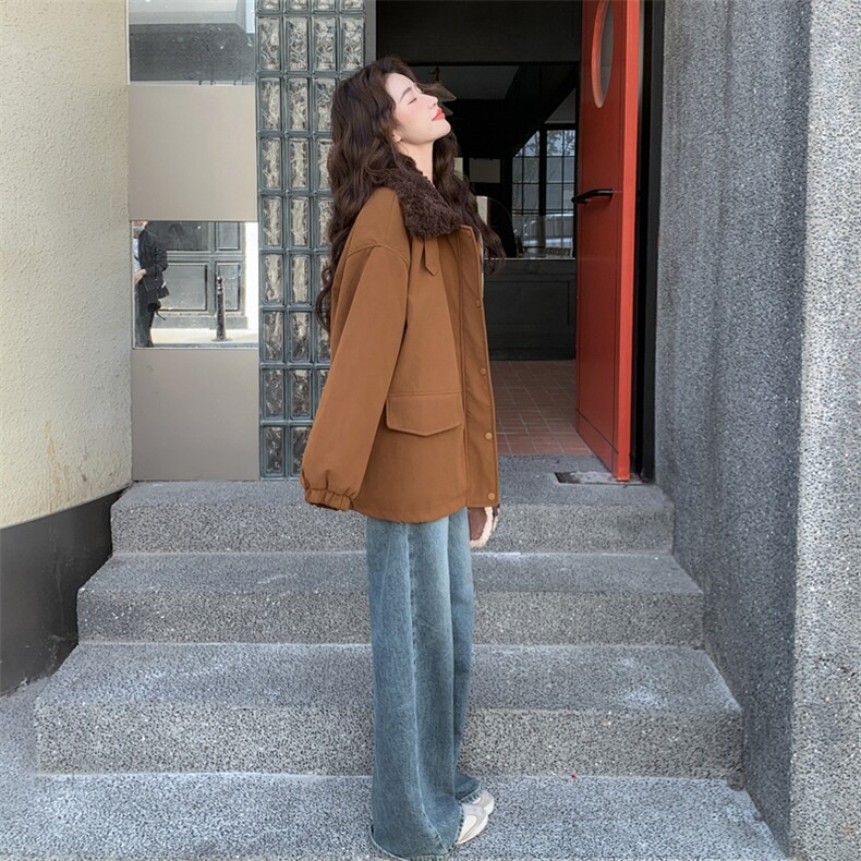 现货新款翻领时尚洋气加绒加厚鹿皮绒外套棉服上衣女,女装棉衣/棉服,韩然一族