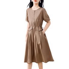 全棉妈妈连衣裙女夏款微胖大码气质遮肚子抽绳中年夏装中长款裙子，女装连衣裙，素月