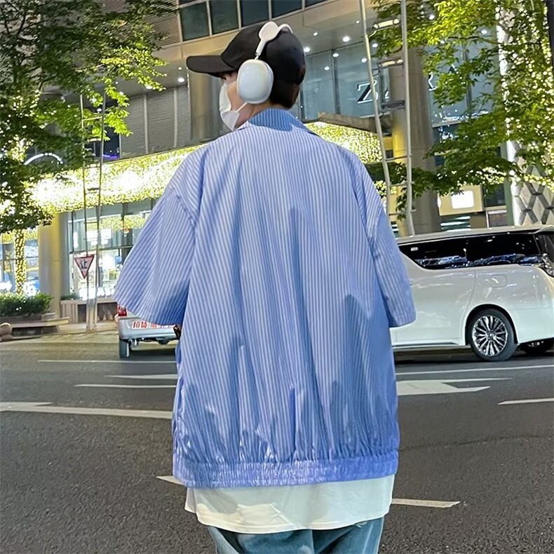 条纹短袖衬衫男夏季小众设计感复古港风外套P50,男装夹克,星座1116-2